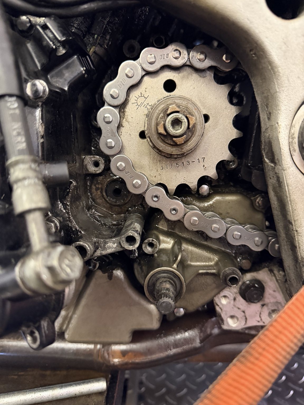 Front sprocket and chain after cleaning